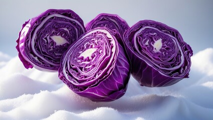 Obraz premium Group of red cabbage slices floating against a white background.
