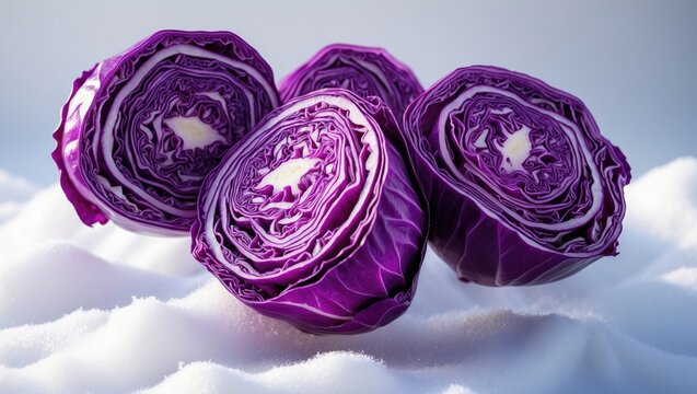 Group of red cabbage slices floating against a white background.