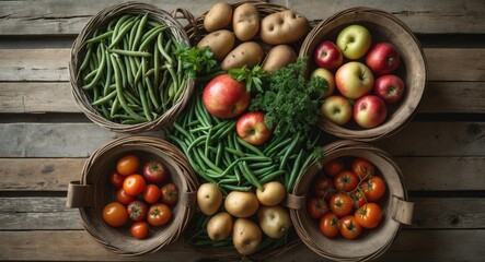 Fresh farmers market produce and vegetables viewed from above with blank space.