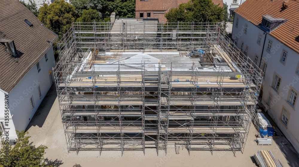 Poster aerial drone view of scaffolding extending across an entire city block under development.