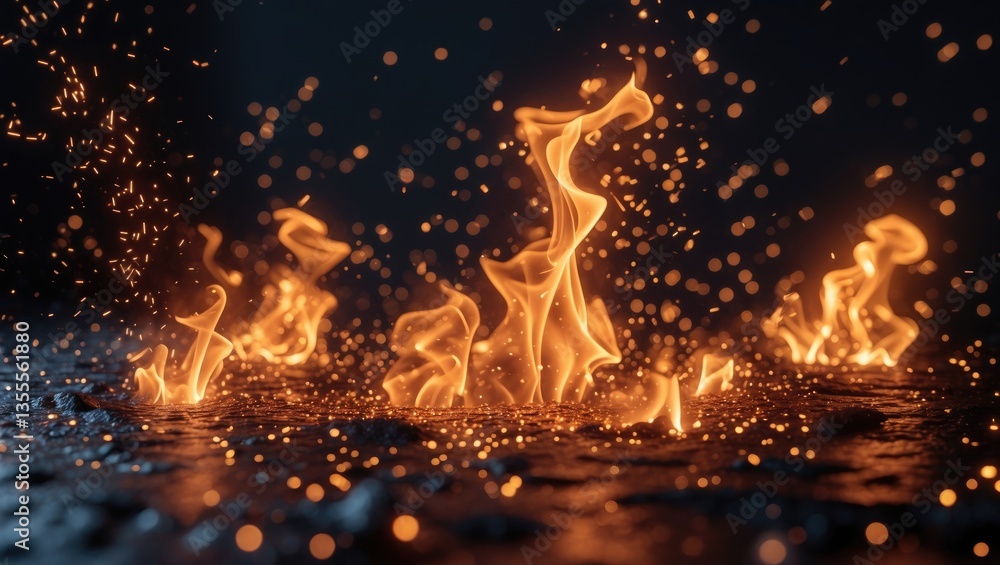 Aufkleber fire sparks and particles with flames isolated on a black background. extremely high resolution.