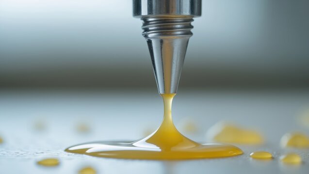 Close-up view of the nozzle of a tube of glue for general use, featuring the dripping and pooling of product on the surface.