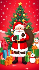 Merry Christmas Scene with Santa, Gifts, and Holiday Lights - Digital Artwork, Santa Claus Christmas Illustration, Festive Holiday Vector, Christmas Tree and Santa, Santa Claus Holding Gifts in Front 