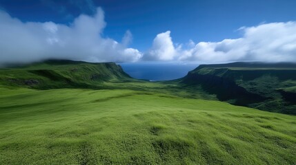 Lush, grassy valley between steep, verdant cliffs overlooking a vast ocean.  A breathtaking vista