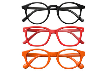 Front view of black, red and orange plastic eyeglasses on transparent background.
