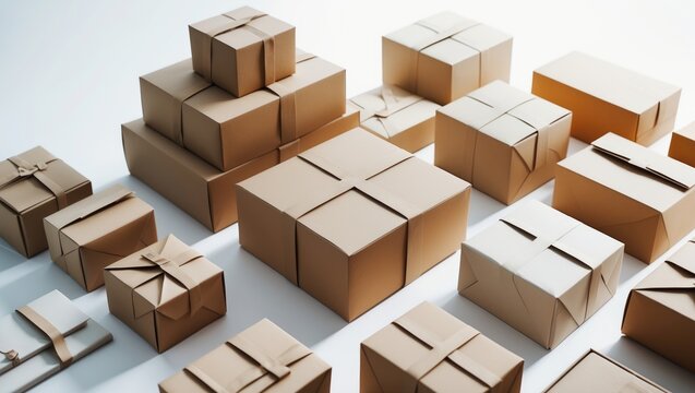 Closeup of different box packages presented as a brand identity mockup against a white backdrop.