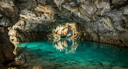 Enchanting Turquoise Pool Reflects Cave Formations in a Natural Subterranean Grotto