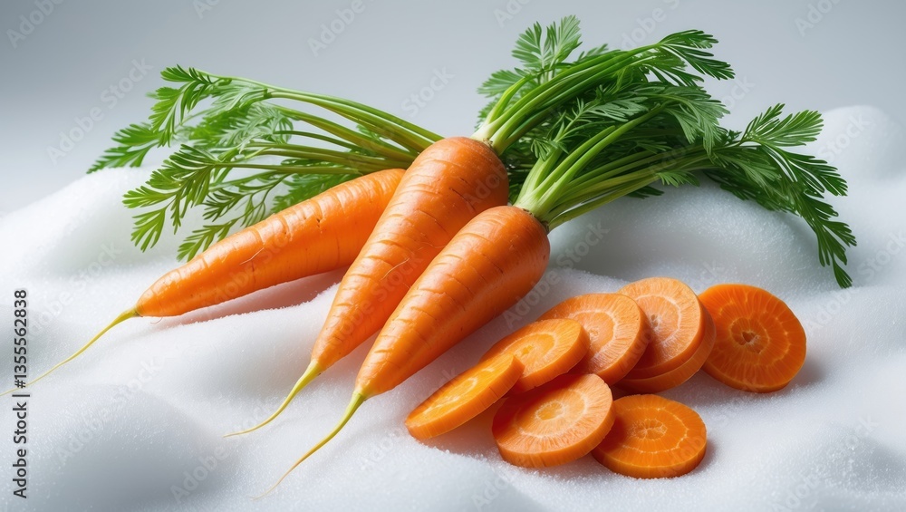 Poster fresh carrot and sliced pieces isolated on a white background as a design element for packaging.