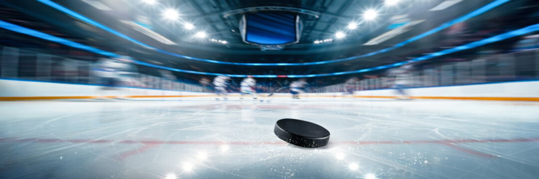 Professional hockey tournament, players at the ice rink arena playing in hockey