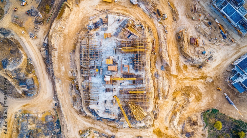 Poster aerial view of construction scaffolding wrapping around an urban development project.
