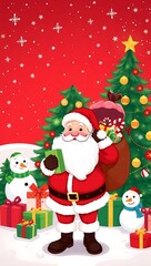 Merry Christmas Scene with Santa, Gifts, and Holiday Lights - Digital Artwork, Santa Claus Christmas Illustration, Festive Holiday Vector, Christmas Tree and Santa, Santa Claus Holding Gifts in Front 