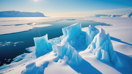 Fly over a wintry snow-covered landscape, with towering mountains in the background. Aerial view of a frozen panorama beneath a sunny blue sky. Polar frozen ocean. Low-angle aerial drone shot.
