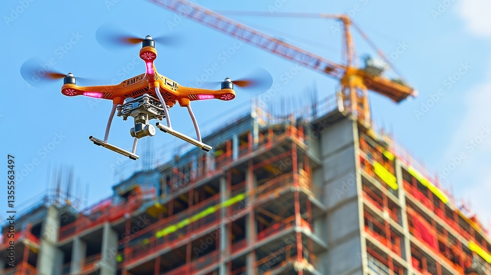 Poster ai-driven site inspection drones capturing high-resolution images of a skyscraper.