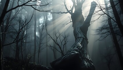 Una toma de seguimiento de un sendero sinuoso a través de un bosque de secuoyas gigantes, con la luz del sol creando haces dramáticos a través de la niebla, al estilo de una escena de aventura.