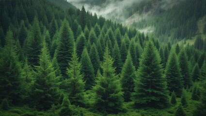 Obraz premium Forest of vibrant green pine trees in rugged wilderness mountains, showcasing a fresh growth environment.