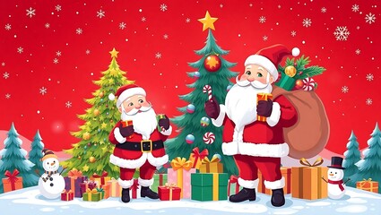 Merry Christmas Scene with Santa, Gifts, and Holiday Lights - Digital Artwork, Santa Claus Christmas Illustration, Festive Holiday Vector, Christmas Tree and Santa, Santa Claus Holding Gifts in Front 