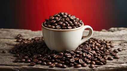 Fototapeta premium Coffee cup filled with organic coffee beans resting on a wooden surface with a red and black background.