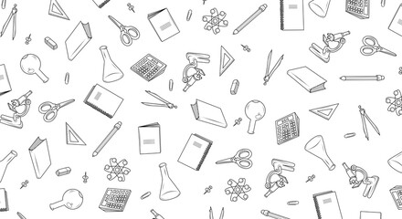 Background with drawn school supplies, notebook, book, pen, scissors, microscope. Illustration with scattered scientific and school tools. Design on the theme of school and education.