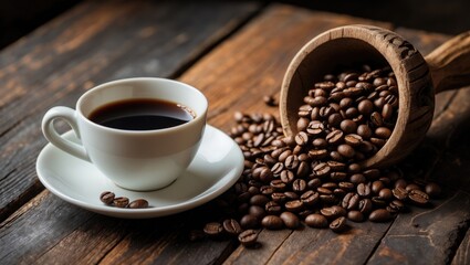 Fototapeta premium Coffee beans and steaming coffee on the table