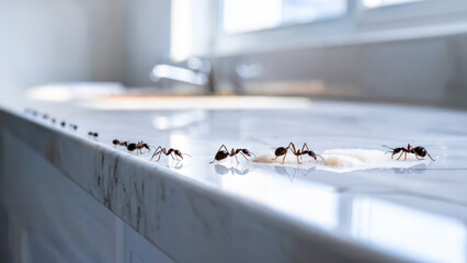 A clean marble white countertop in kitchen with close-up of a few tiny black ants crawling near a sugar granule
