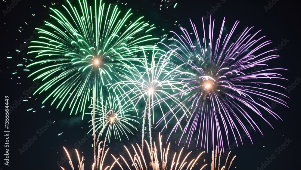 Poster fireworks illuminating the dark sky backdrop. vibrant fireworks display. abstract colorful firework 