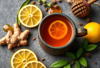 Aromatic immunity tea in rustic cup, surrounded by vibrant ginger, lemon, honey, and herbs on a textured surface,  rustic, ginger