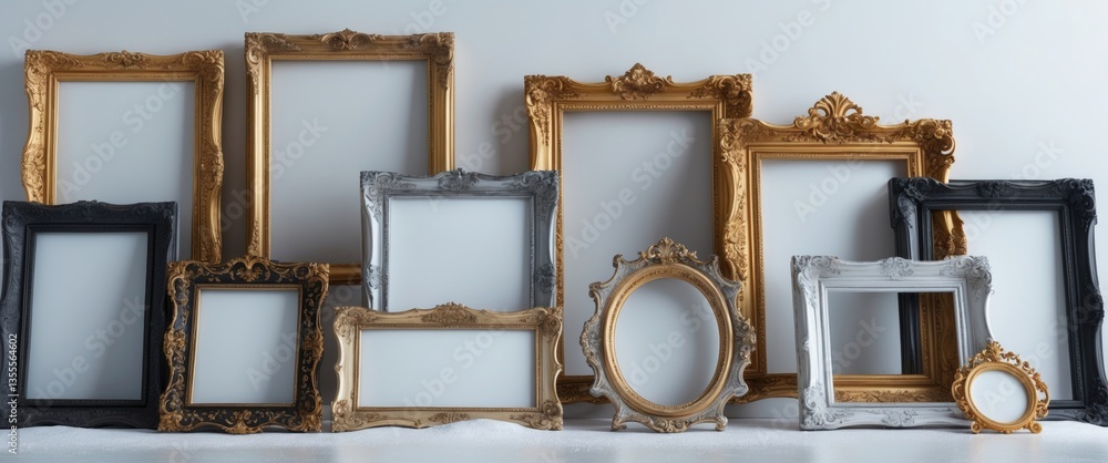 Poster collection of isolated vintage empty art frames in various shapes
