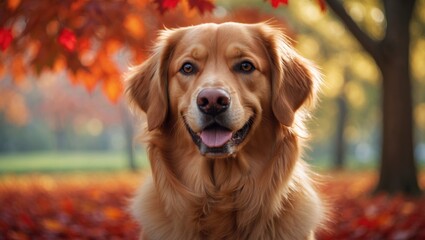 Close-up portrait of a red dog in autumn set against a backdrop of red and yellow leaves.