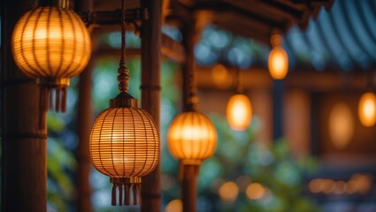 Fototapeta premium Close-up image of bright hanging lamps with traditional woven covers. Bokeh background with selective focus. The concept of lighting decoration for the room, cafÃ©, hotel, and residence.