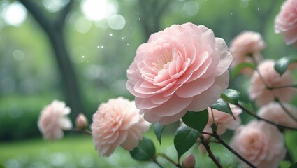 Closeup of pastel pink flowers blooming in a bush within the park or garden.