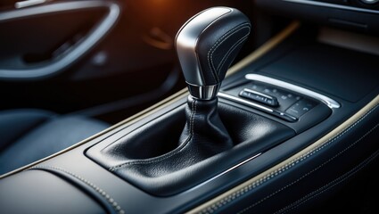 gearbox on a dark background with a light, close-up image of the gear shift in a car interior.