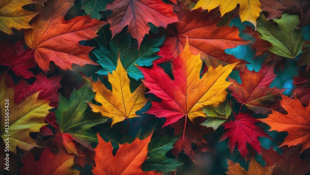 Poster colorful backdrop of autumn maple tree leaves in close-up. multicolored maple leaves backdrop. high-