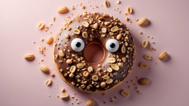 Funny shocked expression donut with chocolate and peanuts against a pastel pink backdrop, creative minimal concept.