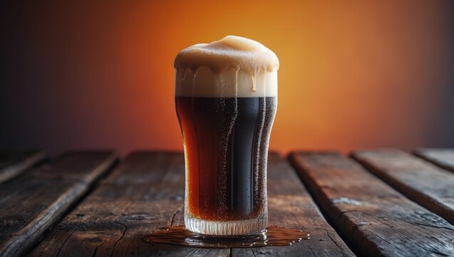 Cold root beer placed on a wooden table against an orange background.