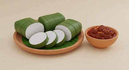 Sliced Ketupat and Spicy Sauce on a Wooden Plate