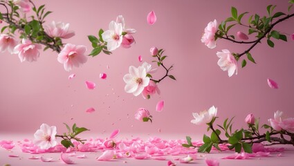 Fototapeta premium Fresh quince blossom, beautiful pink flowers suspended in the air against a pink background. Zero gravity or levitation, spring flowers concept, high-resolution image.