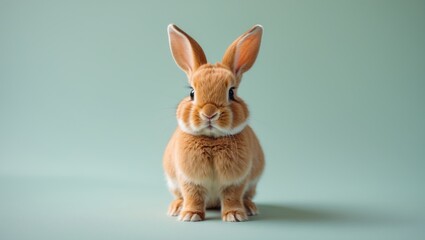 Obraz premium Front view of cute orange baby rabbit standing against a green pastel background. Adorable posture of young rabbit.