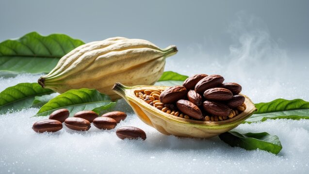 Cocoa beans alongside a cocoa pod isolated on a white background. Clipping path.