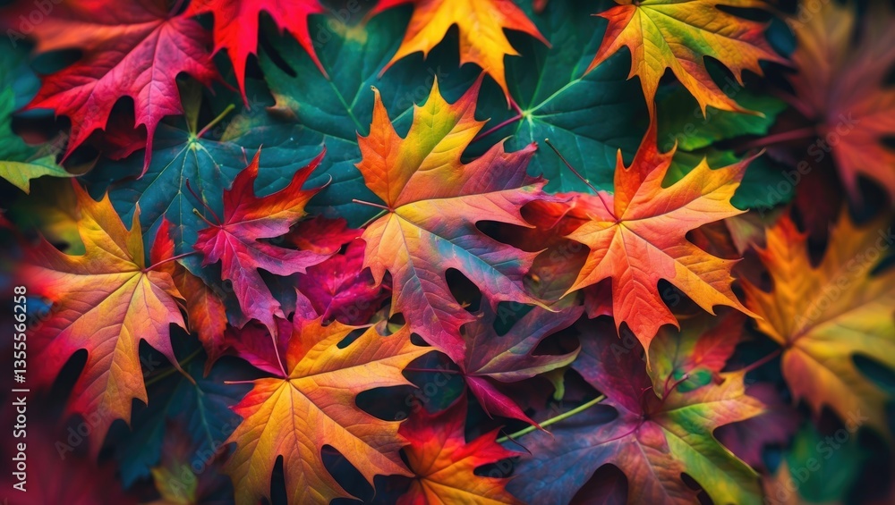 Poster colorful backdrop of autumn maple tree leaves up close. multicolored maple leaves backdrop. high-res