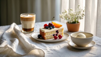 Coffee table beautifully arranged with a delightful slice of cake adorned with fresh berries, paired with a glass of layered coffee and a bowl of ice cream, creating a light and inviting atmosphere.