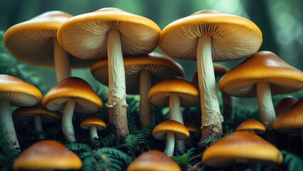 Close-up view of the underside of mushrooms. Detailed close-up of mushroom texture background. Macro shot of mushrooms.