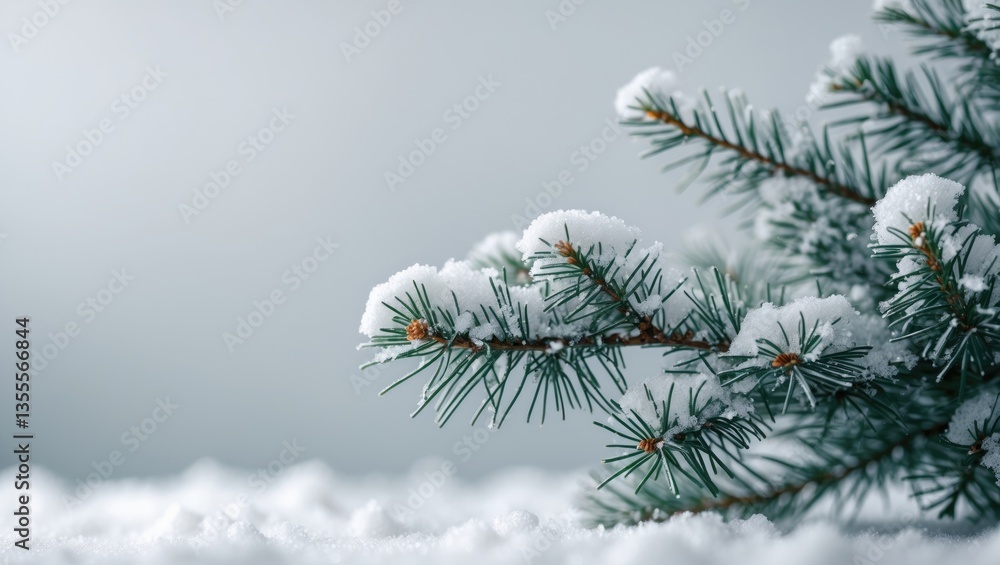 Poster closeup of a snow-covered pine branch in a winter environment, featuring plenty of empty space for a