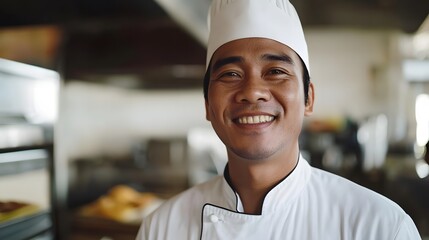 Smiling chef in uniform exudes warmth and professionalism, embodying culinary passion and expertise