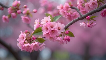 Obraz premium Delicate pink flowers embellish a branch, embodying the essence of renewal and natural beauty.