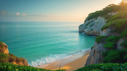 Gentle waves wash ashore a serene golden beach. The idea of peace, harmony, and a quiet beach retreat.