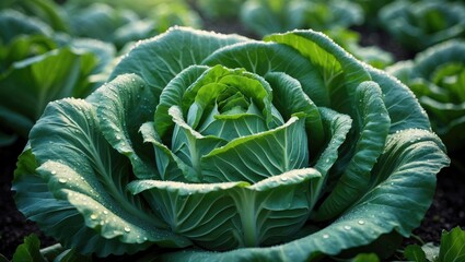 Obraz premium Fruiting young cabbage head growing on the vegetable bed.