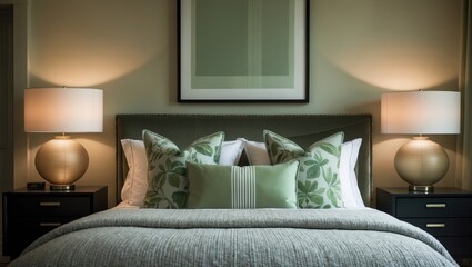 Fototapeta premium Front view of a cozy bed featuring a beige duvet, green pillows, and a lamp, with nightstands on either side and space for text.