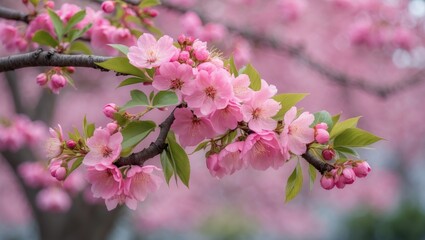 Obraz premium Delicate pink flowers embellish a branch, embodying the essence of renewal and natural beauty.