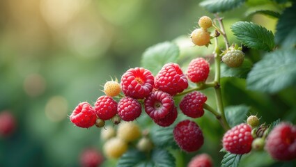 Fresh red ripe raspberries. Organic berry collection. Vitamin garden. Raspberry fruit. Branch of ripe raspberries on a bush. Fresh raspberries. Mature organic raspberry. Selective focus.
