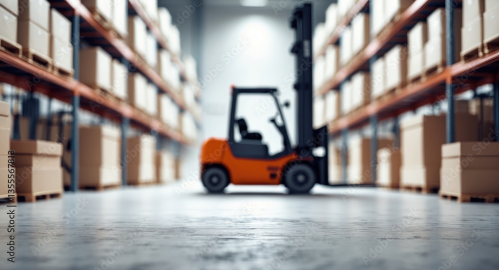 Poster defocused background of a spacious warehouse interior featuring organized storage areas and a forkli